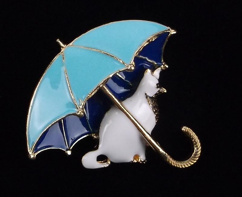 Mint Enameled 3D Cat Under Umbrella Brooch (1 of 2)