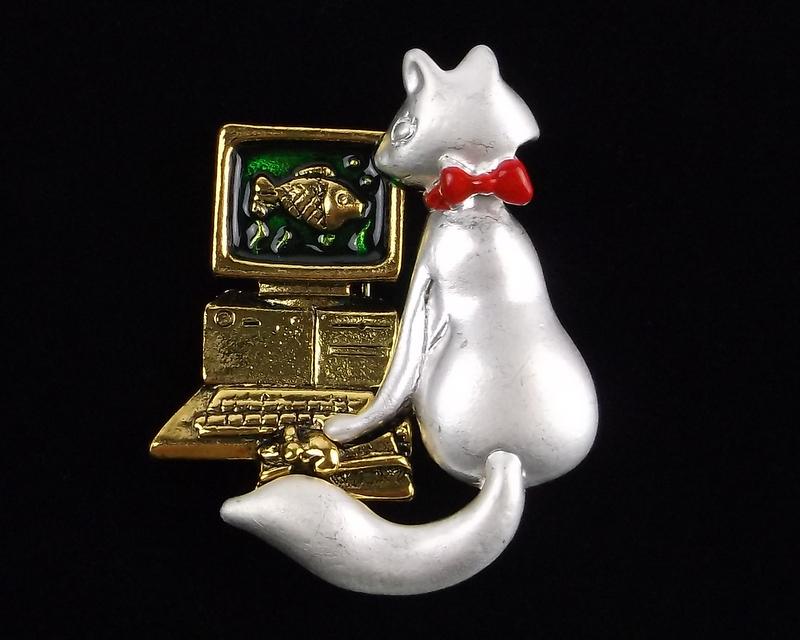 Mint Enameled Computer Cat Brooch (1 of 2)