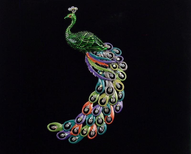 Huge Mint Enameled Rhinestone Peacock Brooch (1 of 2)