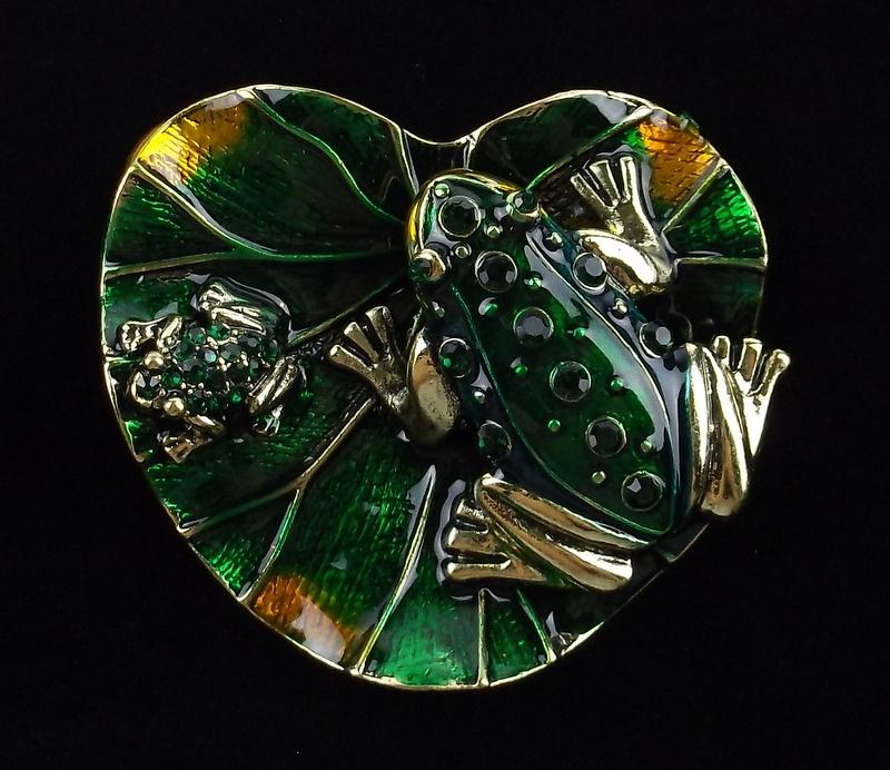 Mint Enameled Rhinestone Frog Lilly Pad Brooch (1 of 2)