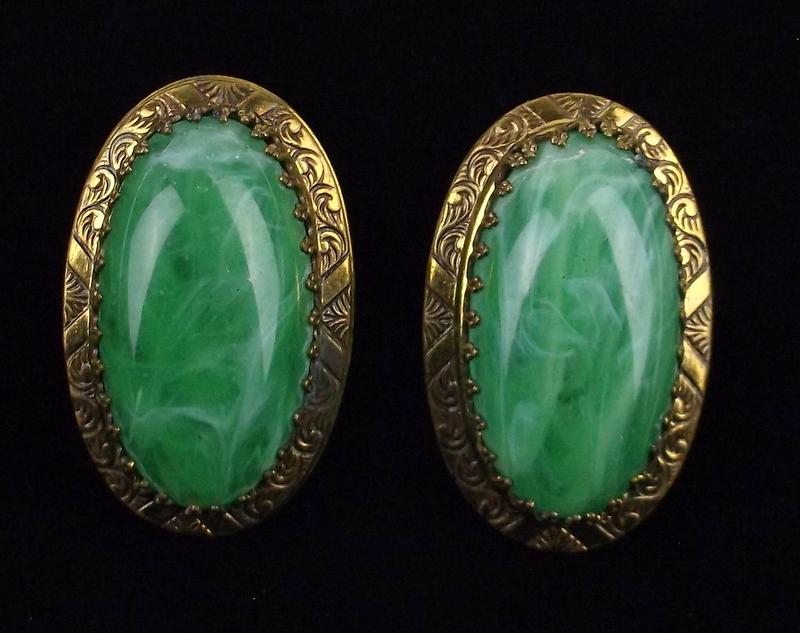 Huge Mint Vintage 1930s Art Deco Czech Glass Earrings: Mint Condition, In Like New Condition, Perfect