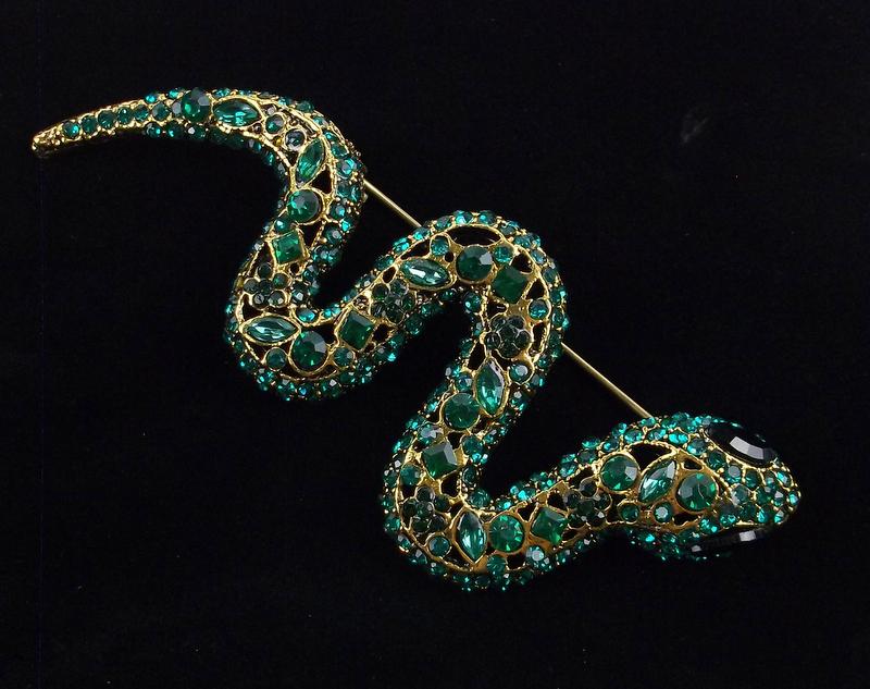 Big Mint Enameled Rhinestone Snake Brooch (1 of 2)