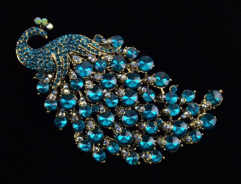 Huge Mint Enameled Rhinestone Peacock Brooch (1 of 2)