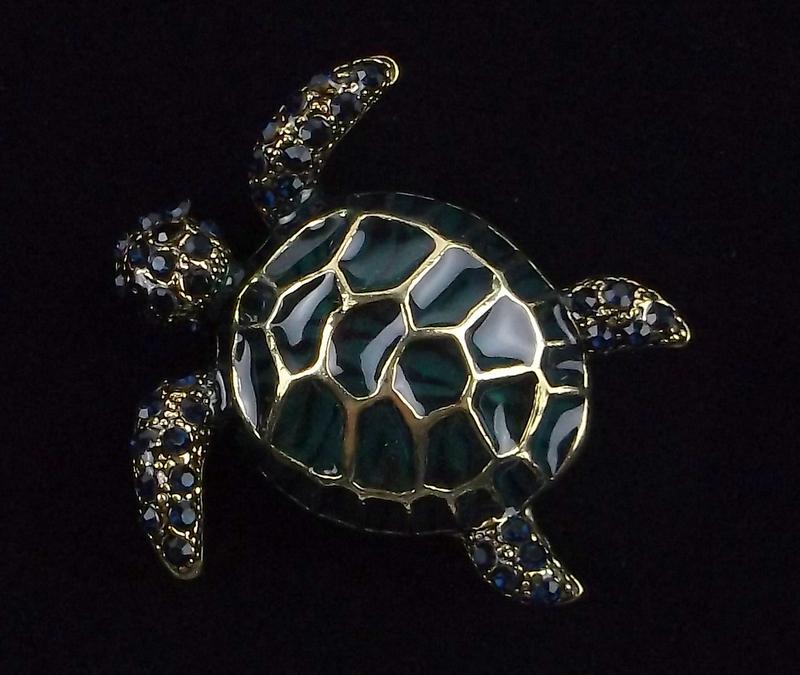 Mint Enameled Rhinestone Sea Turtle Brooch (1 of 2)