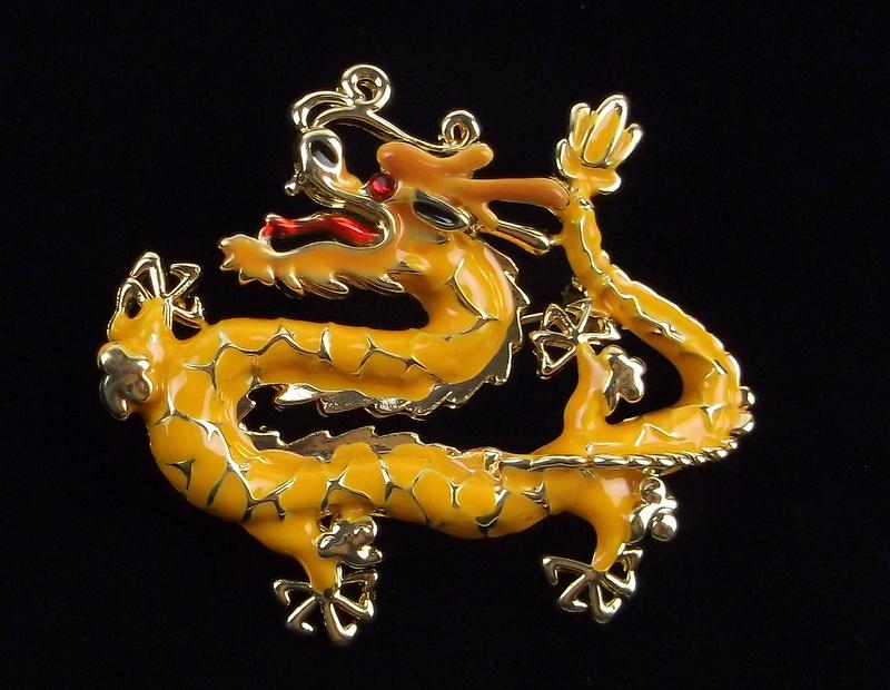 Mint Enameled Rhinestone Golden Dragon Brooch (1 of 2)