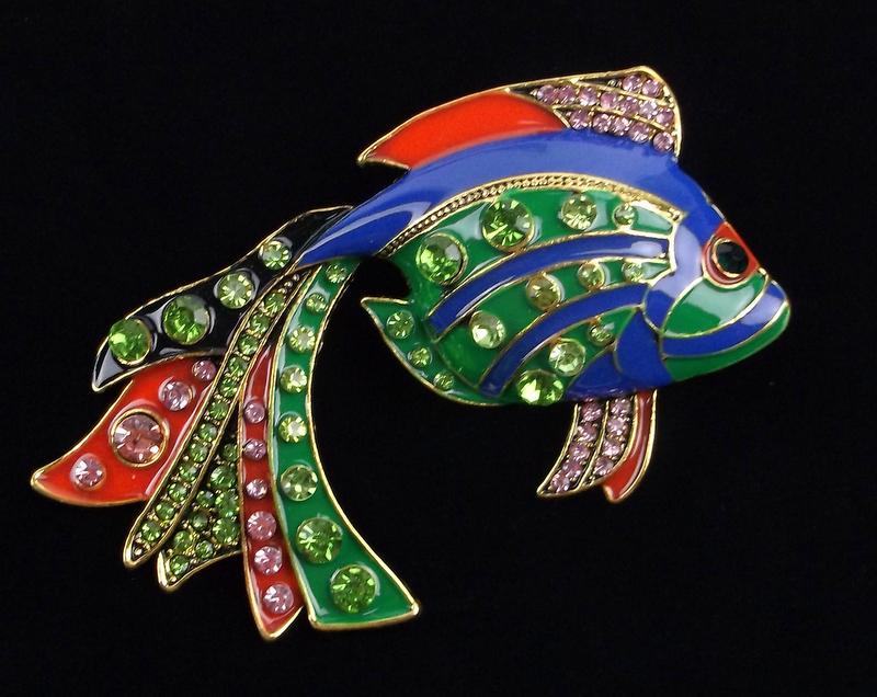 Big Mint Enameled Rhinestone Fish Brooch (1 of 2)