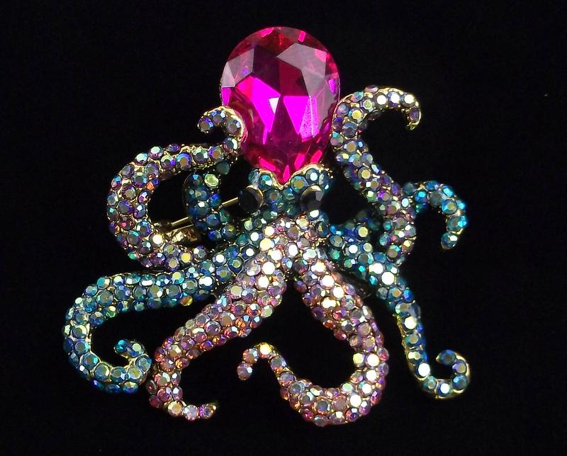 Mint Enameled Rhinestone Octopus Brooch (1 of 2)
