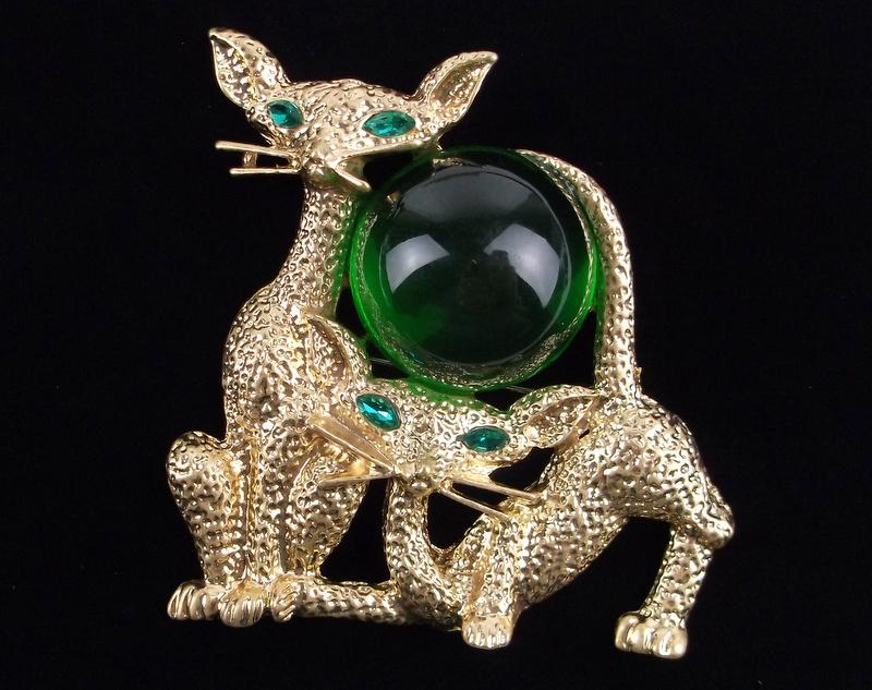 Huge Mint Enameled Rhinestone Siamese Cat Brooch (1 of 3)
