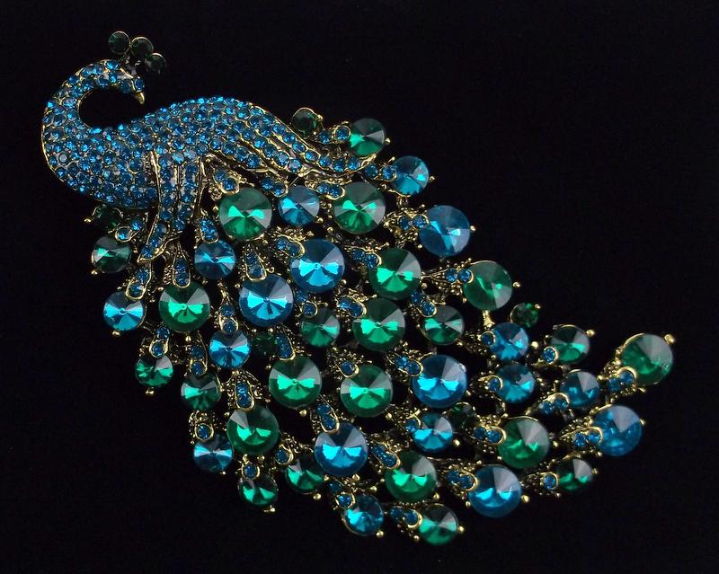 Big Mint Enameled Rhinestone Peacock Brooch Elegant (1 of 2)