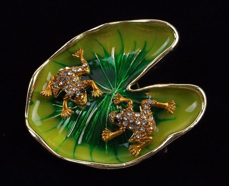 Mint Designer Enameled Rhinestone Frog Brooch Lilly Pad (1 of 2)
