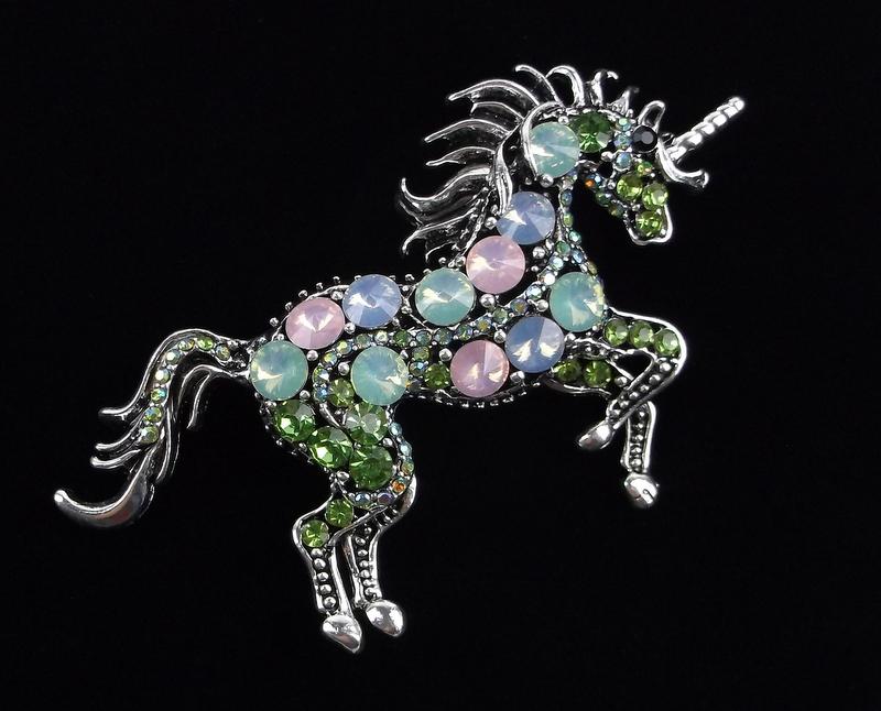 Mint Enameled Rhinestone Unicorn Horse Brooch (1 of 2)