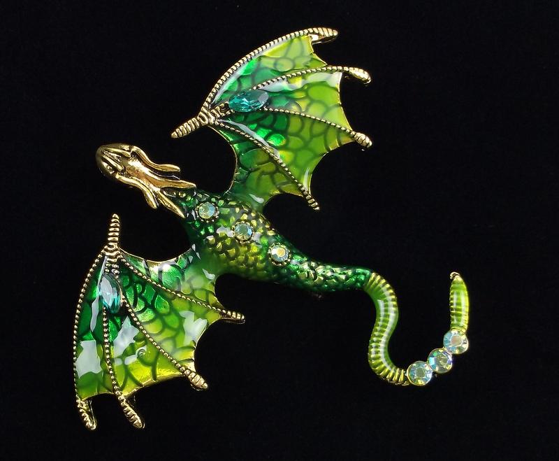 Mint Enameled Rhinestone Dragon Brooch (1 of 2)