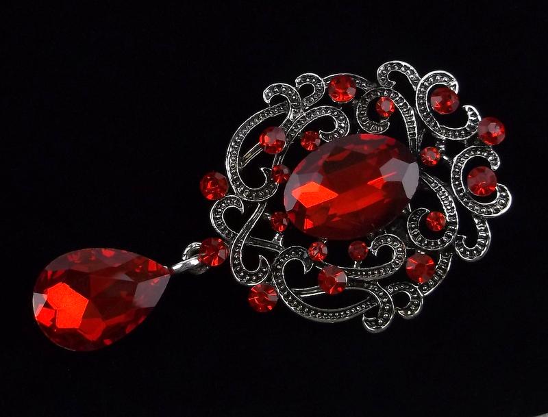 Mint Enameled Ruby Red Rhinestone Drop Brooch (1 of 2)