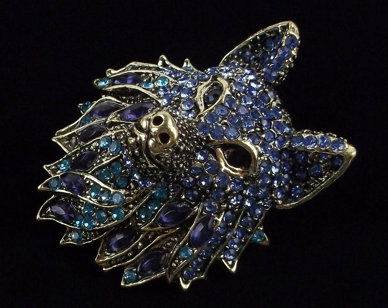 Mint Enameled Rhinestone Blue Wolf Brooch (1 of 2)