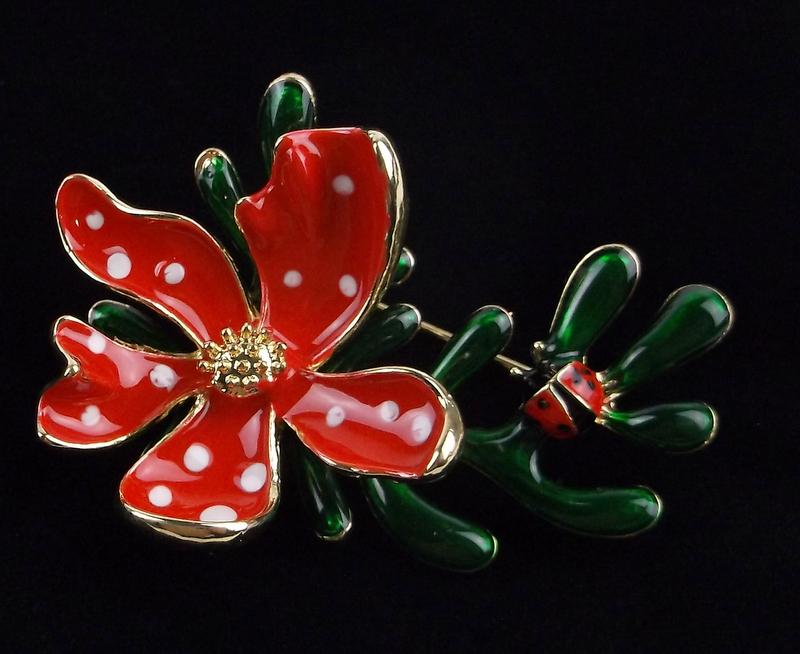 Mint Enameled 3D Ladybug On Flower Brooch (1 of 2)