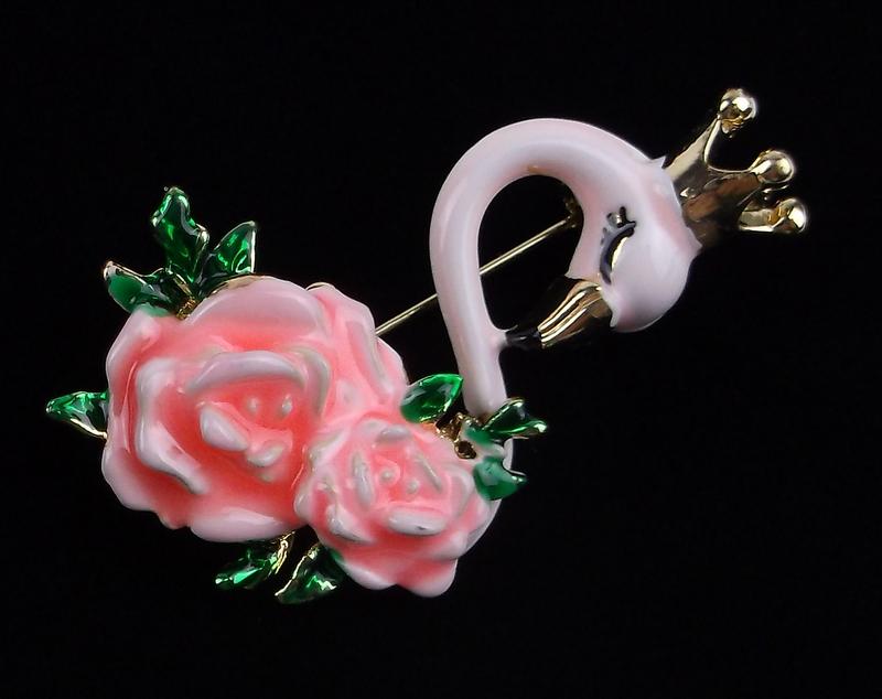 Mint Enameled Rhinestone Flamingo Rose Brooch (1 of 2)