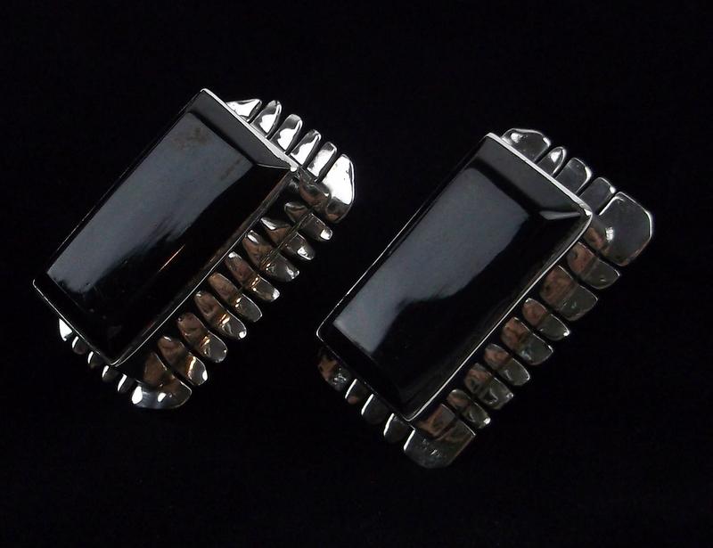 Mint Big Heavy Taxco Sterling Silver Onyx Earrings Signed (1 of 3)
