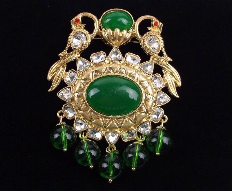 Big Mint Enameled Rhinestone Peacock Drop Brooch (1 of 3)