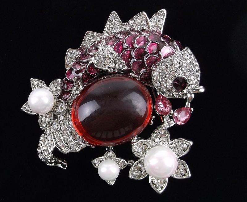 Big Mint Enameled Jelly Belly Rhinestone Koi Fish Brooch (1 of 2)