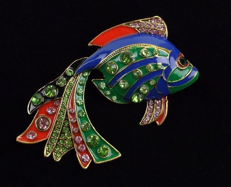 Mint Enameled Rhinestone Fish Brooch (1 of 2)