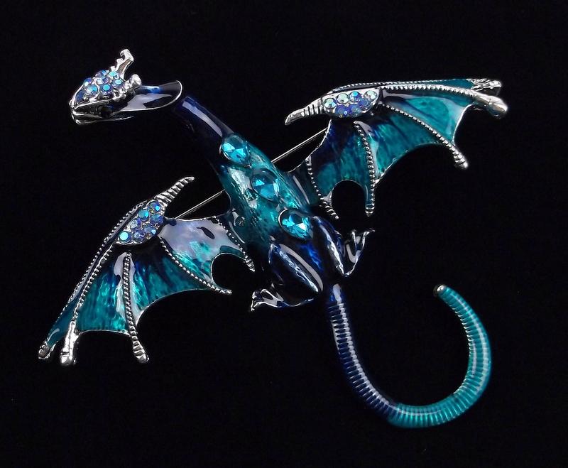 Big Mint Enameled Rhinestone Dragon Brooch (1 of 2)