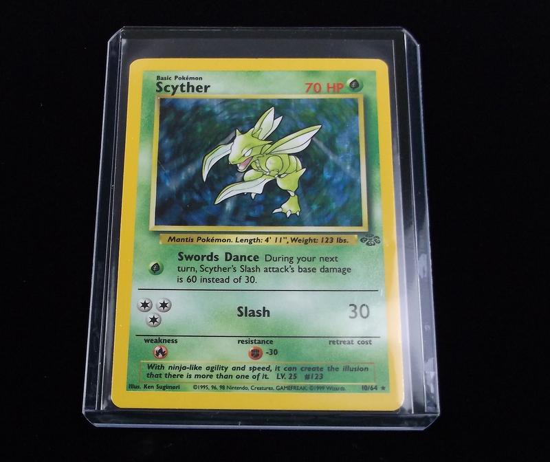Vintage 1999 Pokemon Scyther Rare Holo Card: A Vintage Pokemon Original Card in Top Loader and penny sleeve