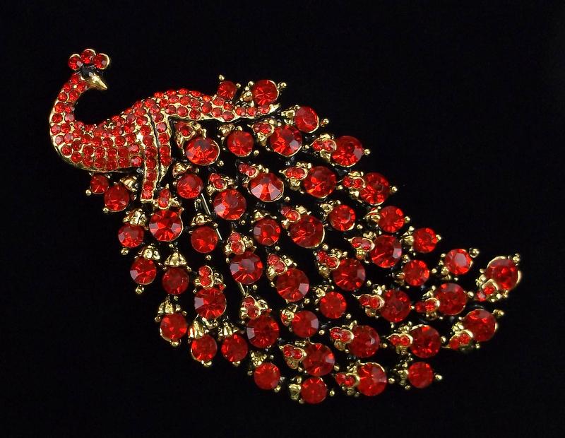 Mint Enameled Ruby Red Rhinestone Peacock Brooch (1 of 2)