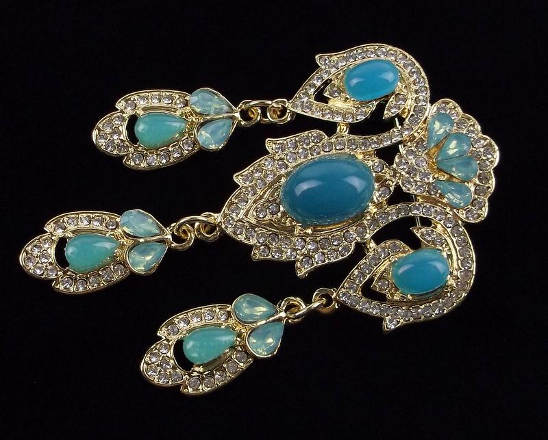 Mint Enameled Rhinestone Ornate Drop Brooch (1 of 2)