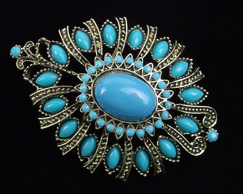 Mint Enameled Rhinestone Brooch Ornate (1 of 2)