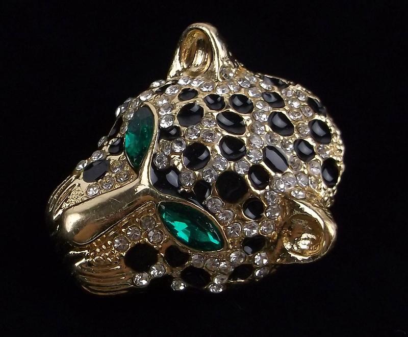 Mint Enameled Rhinestone Leopard Brooch (1 of 2)