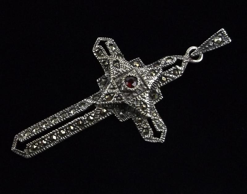 Mint Vint Heavy Sterling Silver Garnet Cross Pendant (1 of 3)