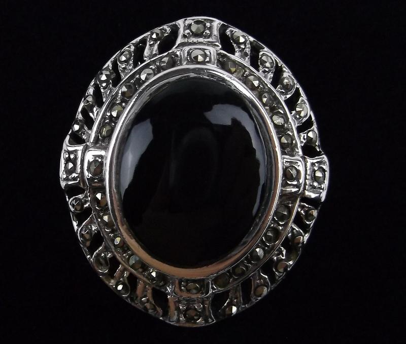 Big Mint Vint Heavy Sterling Silver Onyx Ring 6 Signed (1 of 4)