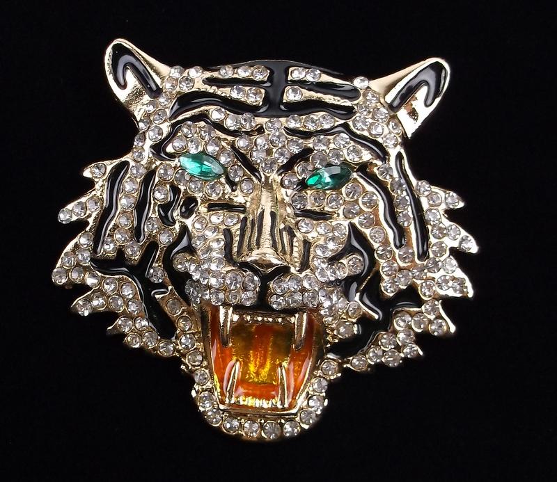 Mint Enameled Rhinestone Tiger Brooch (1 of 2)