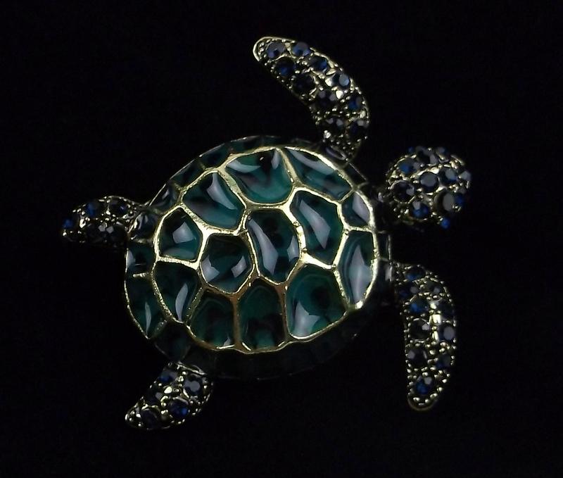 Mint Enameled Rhinestone Sea Turtle Brooch (1 of 2)