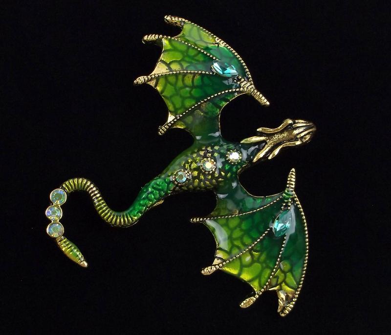 Mint Enameled Rhinestone Dragon Brooch (1 of 2)
