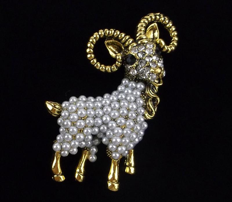 Mint Enameled Rhinestone Mountain Ram Brooch (1 of 2)