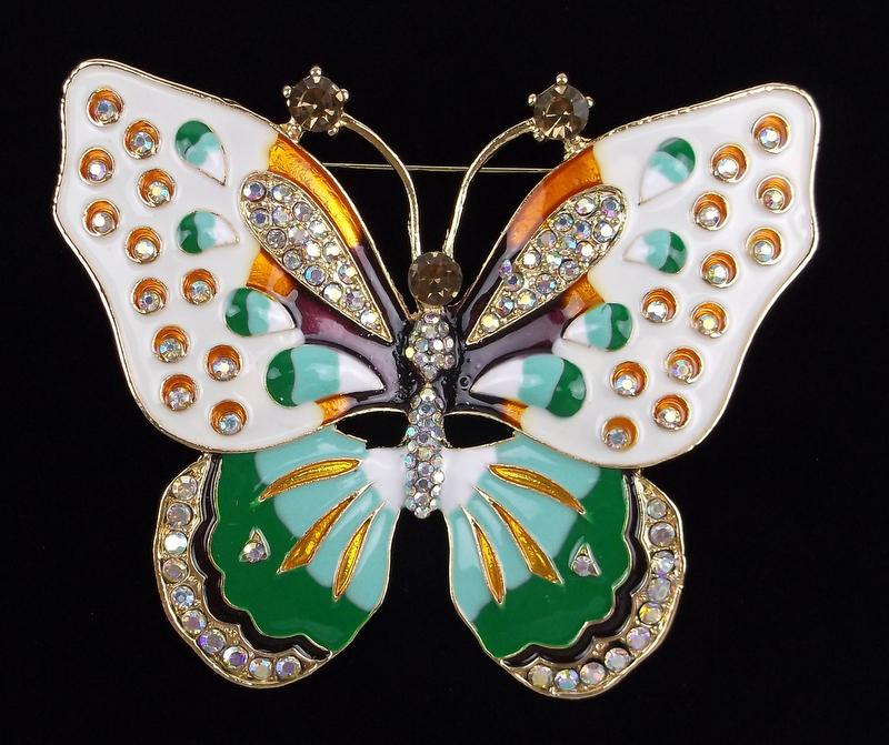 Huge Mint Enameled Rhinestone Butterfly Brooch (1 of 2)
