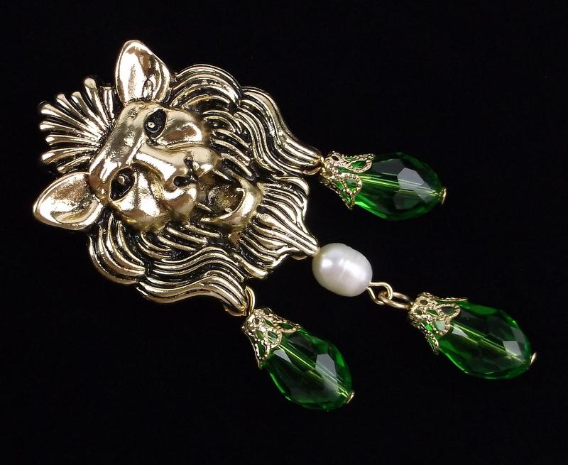 Mint Enameled Rhinestone Lion Drop Brooch (1 of 2)