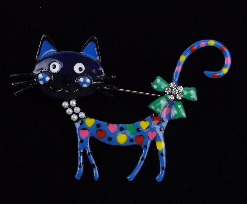 Mint Enameled Rhinestone Cat Brooch (1 of 2)