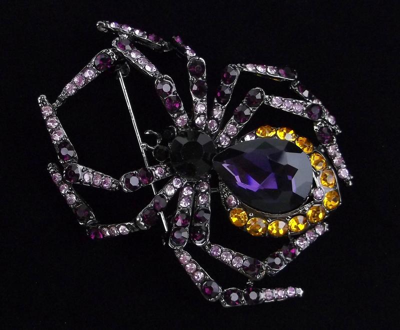 Mint Enameled Rhinestone Spider Brooch Big (1 of 2)