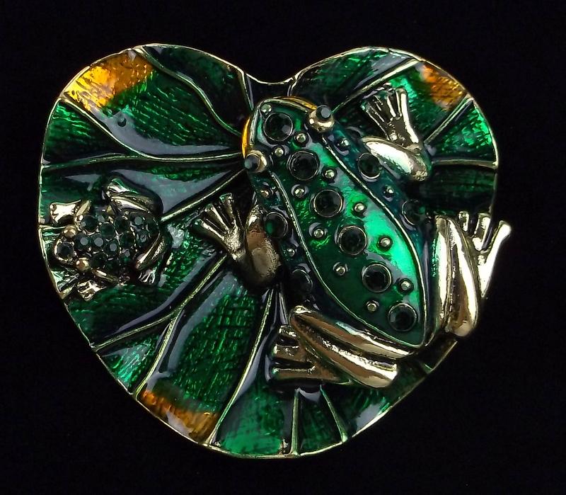 Mint Enameled Rhinestone 3D Frog On Lilly Pad Brooch (1 of 2)