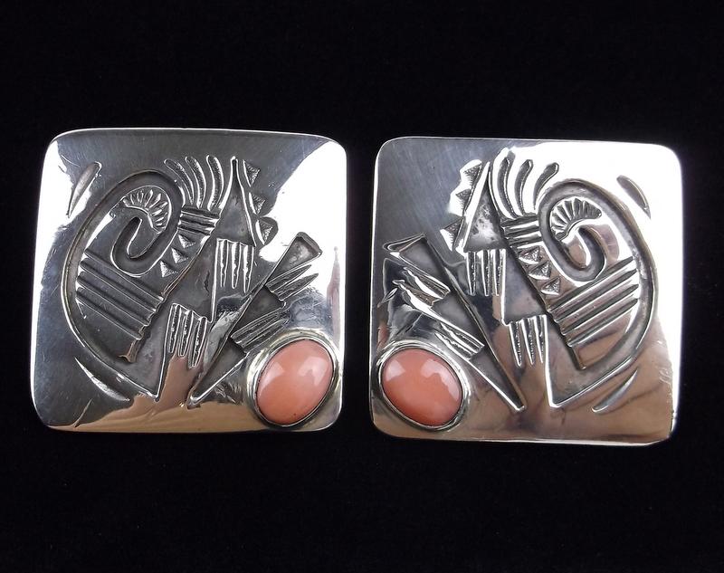 Mint Hopi Sterling Silver Coral Wolf Earrings Signed EL (1 of 4)