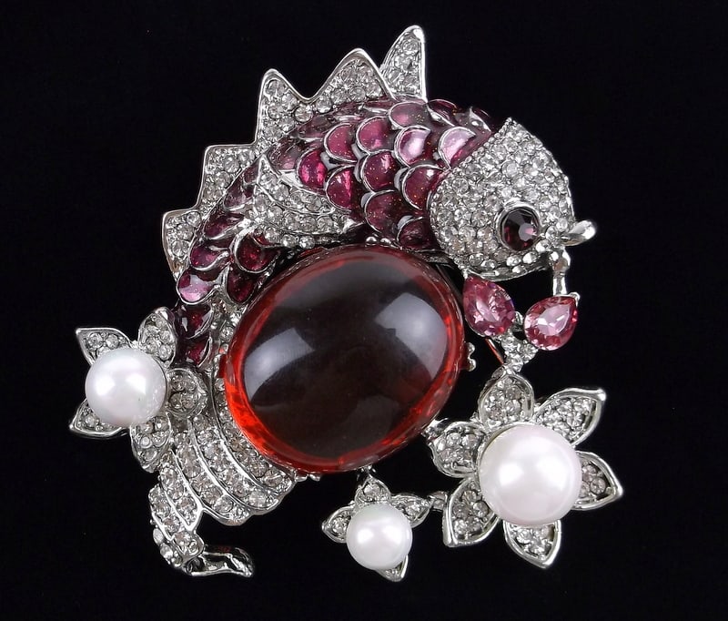 Big Mint Enameled Jelly Belly Rhinestone Koi Fish Brooch (1 of 3)