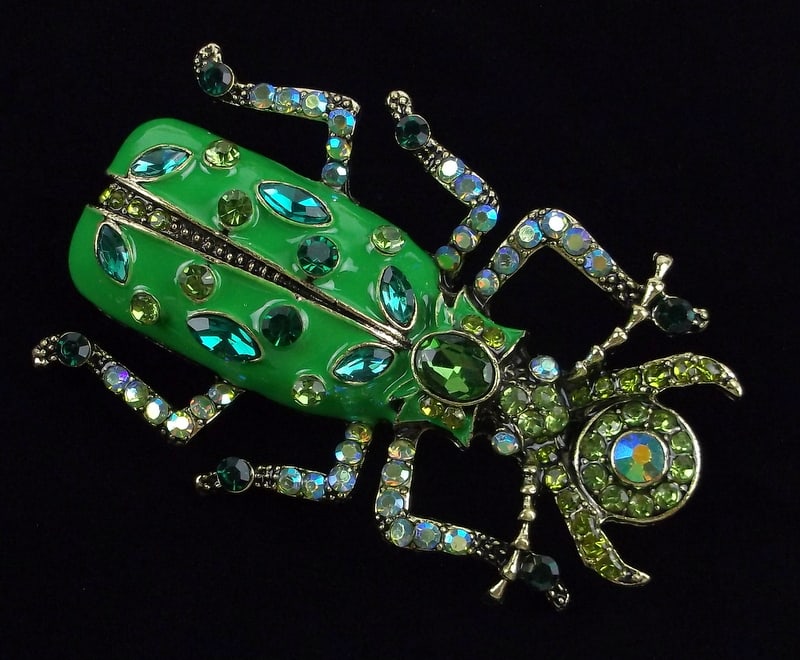 Big Mint Enameled Rhinestone Beetle Insect Brooch (1 of 2)
