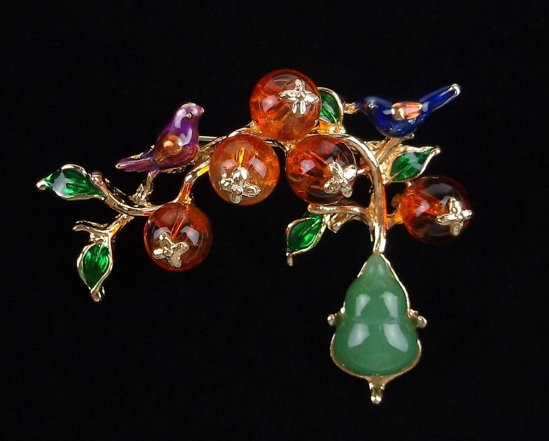 Mint Enameled Rhinestone Birds on Fruit Tree Brooch (1 of 3)