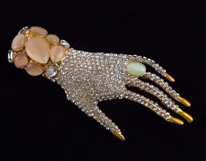 Big Mint Enameled Jelly Belly Rhinestone Hand Brooch (1 of 2)