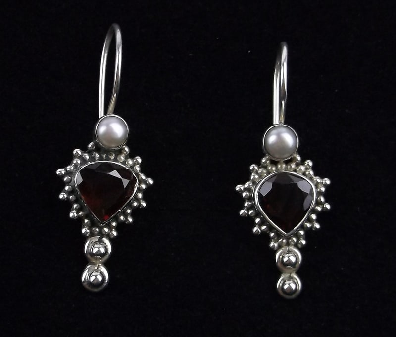 Mint Vintage Sterling Silver Garnet Pearl Drop Earrings: Guaranteed Solid 925 Sterling Silver, in Excellent Condition