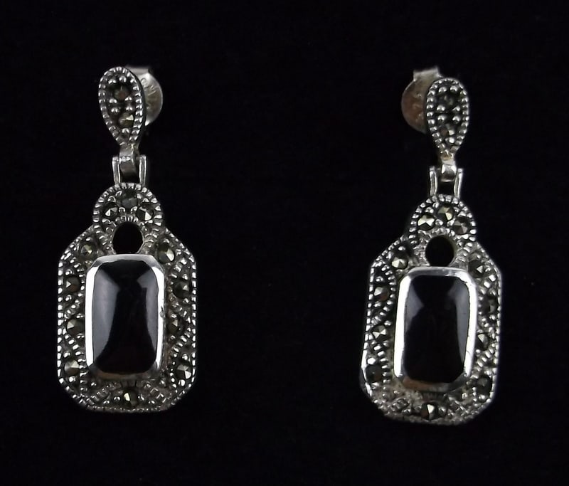 Stunning Vintage Sterling Silver Onyx Drop Earrings (1 of 2)