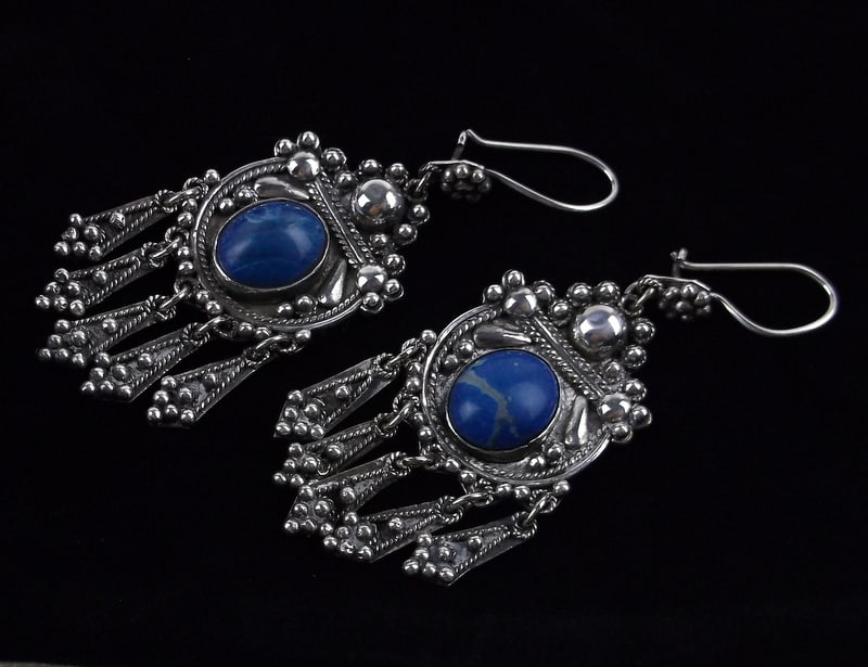 Stunn Vint Bali Sterling Silver Lapis Sway Earrings Heavy (1 of 3)