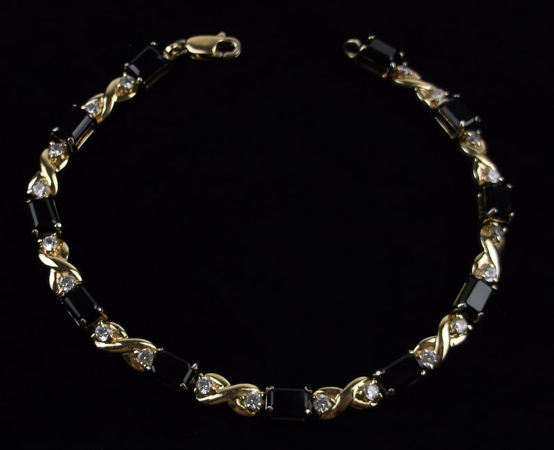 Mint Vint Gold Over Sterling Obsidian Tennis Bracelet 7.5": Guaranteed Solid 925 Sterling Silver, in Excellent Condition